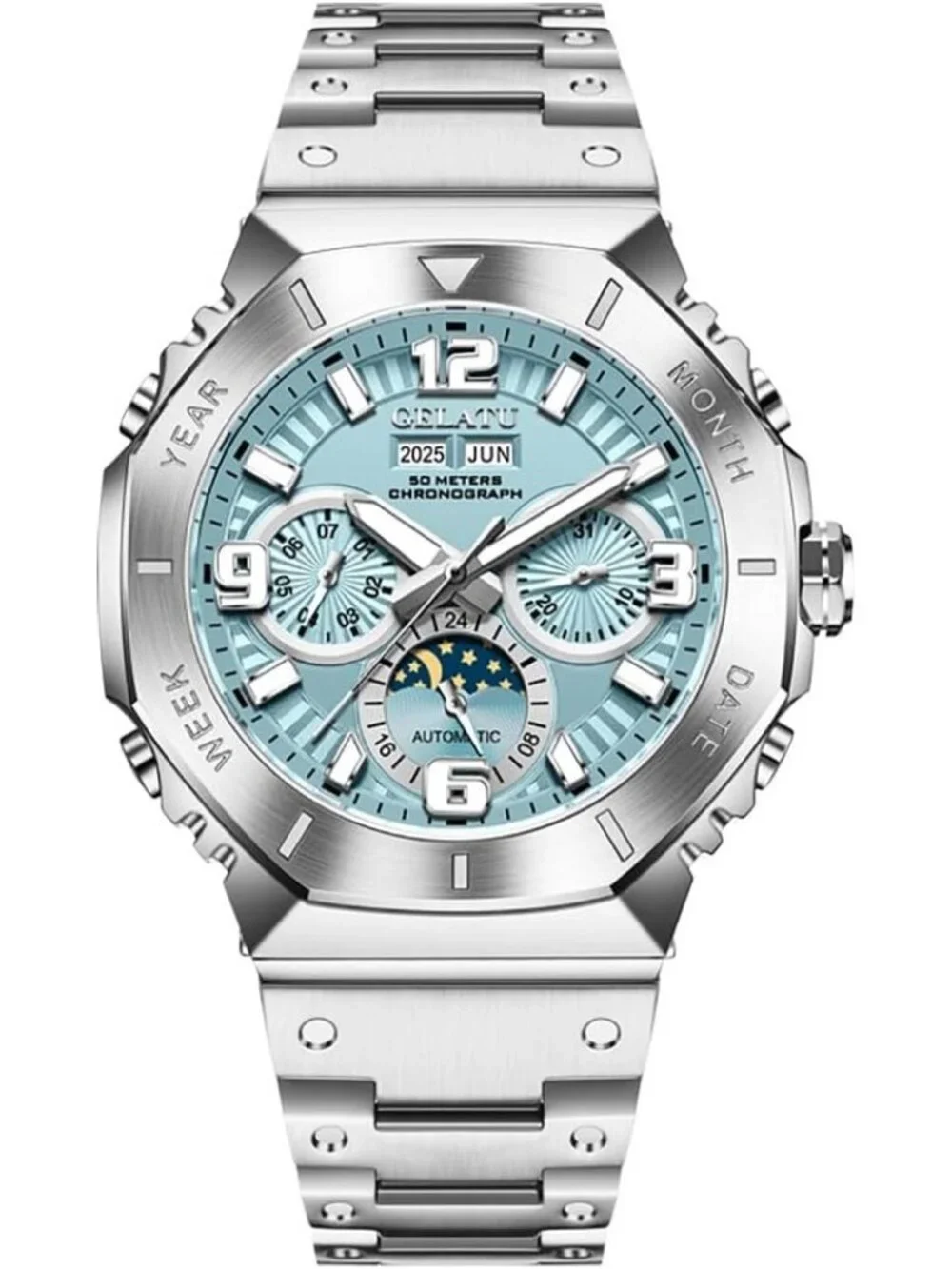 Men's Silver Case-Blue Dial Automatic Mechanical Multi-Function Luxury Watch
